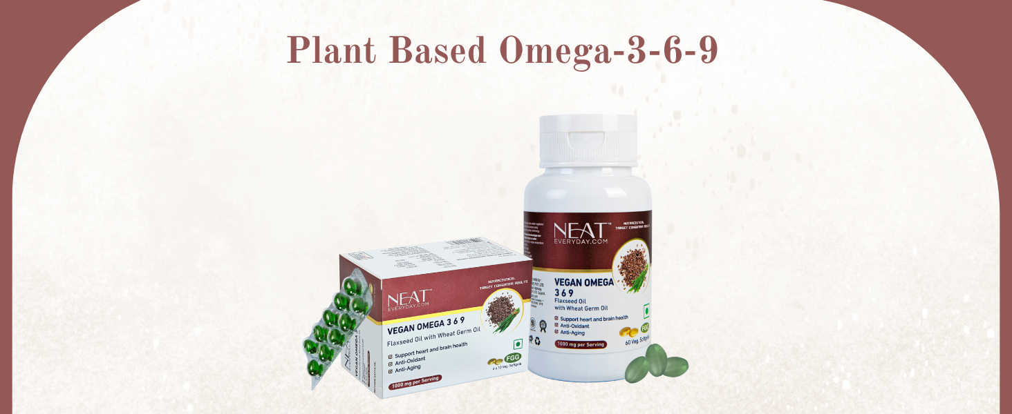 Neat Everyday Vegan Omega 3-6-9 Capsules 1000mg | Plant-Based Blend | No Fish Oil | Heart, Brain, Skin, Hair & Joint Health | Essential Fatty Acids | For Men & Women | 30 Capsules