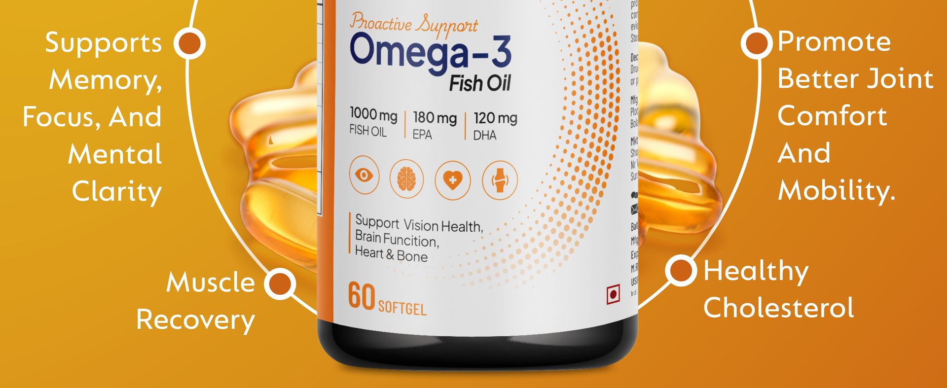 Omega-3 Fish Oil 1000mg - Triple Strength Formula, 60 Softgels - 180mg EPA & 120mg DHA for Enhanced Heart Health, Joint Support & Brain Function
