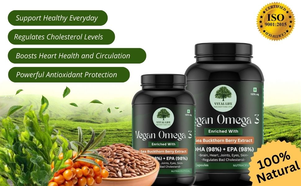 VITAL LIFE Vegan Omega 3 Vegetarian Capsules, 60 Caps