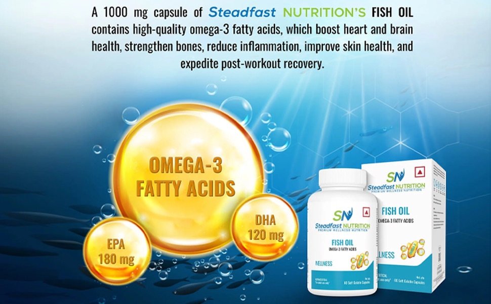 Steadfast Nutrition Fish Oil Omega- 3, 1000mg Triple Strength for Healthy Heart, Brain, Joints & Body (60 Softgel Capsules)