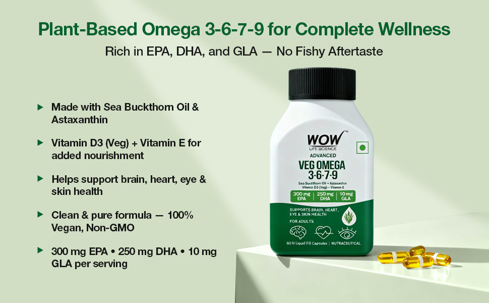WOW Life Science Advanced Veg Omega 3-6-7-9 | Plant-Based EPA & DHA from Algal Oil + GLA from Evening Primrose | Sea Buckthorn Oil + Astaxanthin + Vitamin D3 (Veg) & Vitamin E | Brain Focus, Heart Health, Eye Support, Skin Hydration | 60 Capsules
