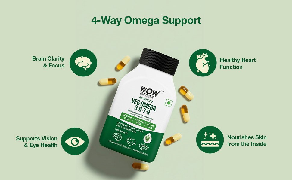WOW Life Science Advanced Veg Omega 3-6-7-9 | Plant-Based EPA & DHA from Algal Oil + GLA from Evening Primrose | Sea Buckthorn Oil + Astaxanthin + Vitamin D3 (Veg) & Vitamin E | Brain Focus, Heart Health, Eye Support, Skin Hydration | 60 Capsules