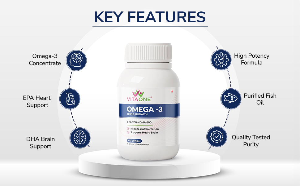 Triple Strength Omega-3 1250mg | Omega 3 Fish Oil 60 Softgels | 600mg DHA & 900mg EPA | No Fishy Aftertaste