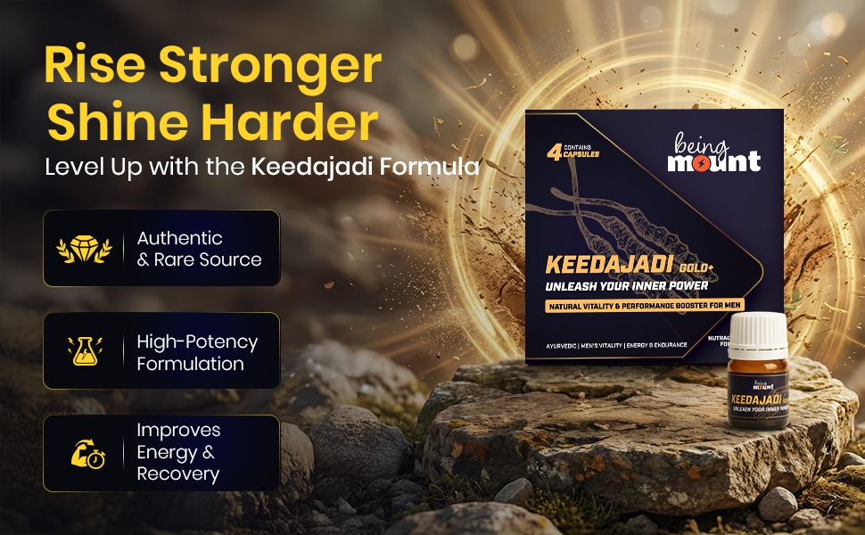 Keedajadi Gold Plus Shilajit, Natural Vitality Performance Booster for Men, Energy Stamina Endurance Testosterone Support Ayurvedic Supplement, 4 Capsules