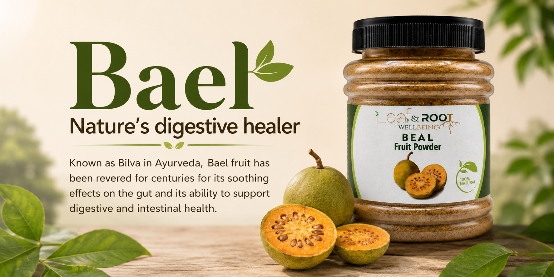 Leaf & Root Wellbeing Bael Fruit Powder 100g | 100% Pure Bael Powder | Belgiri | Aegle Marmelos | Wood Apple Fruit | Plant-Based | No Added Sugar, Preservatives or Artificial Colors