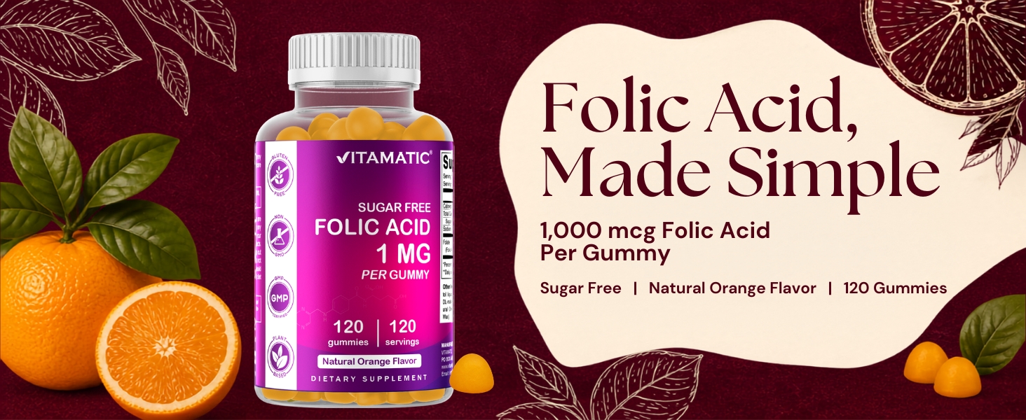 Vitamatic Sugar Free Folic Acid 1 mg Gummies 120 Count Orange Flavor