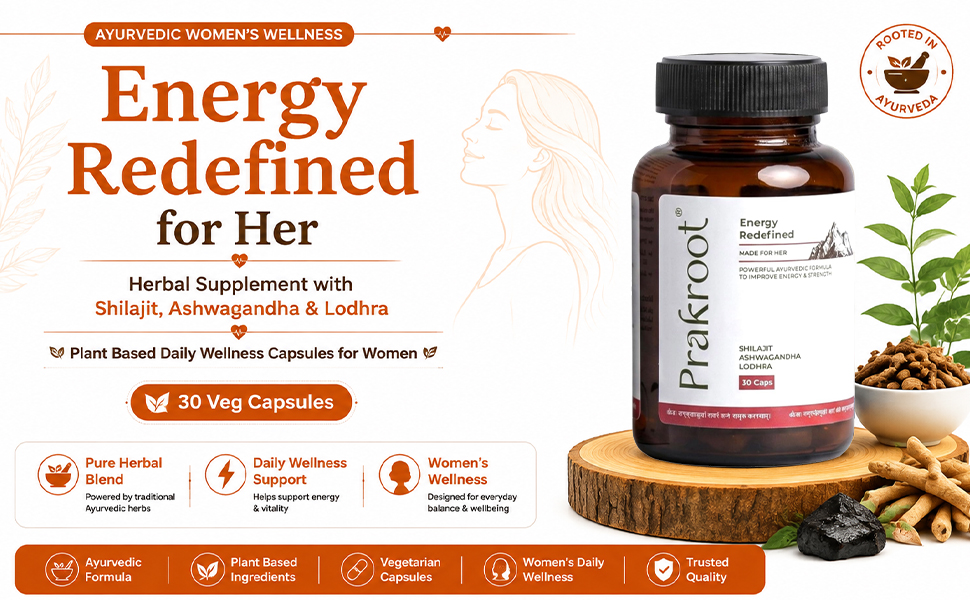 Energy Redefined for Her | Herbal Supplement with Shilajit Ashwagandha & Lodhra | Plant Based Daily Wellness Capsules for Women | 30 Veg Capsules | Pack of 1