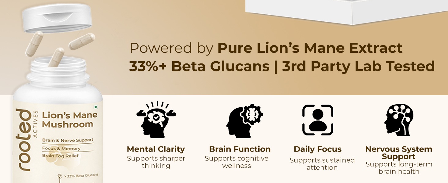 Rooted Lion’s Mane Mushroom Extract Capsules – 38% Beta Glucan, Fruiting Body, 3rd Party Tested, Brain Support for Focus, Memory & Mental Clarity – 120 Veg Caps