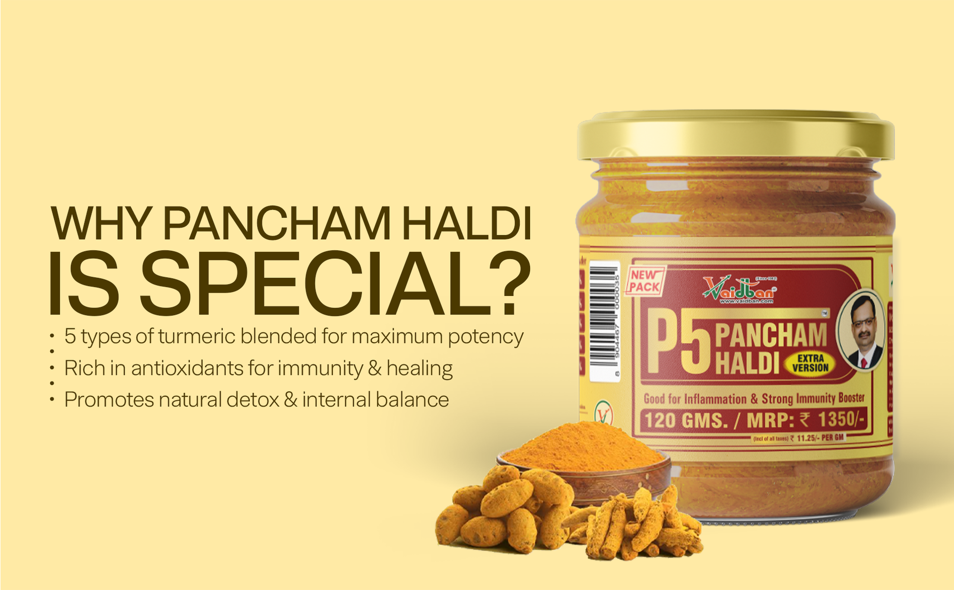 Vaidban P5 Pancham Haldi (120g) - Premium Blend of 5 Ayurvedic Turmerics including Kali, Selam, Daru & Amba Haldi | Natural Immunity Booster & Anti-Inflammatory Support | 100% Herbal Antioxidant Powder