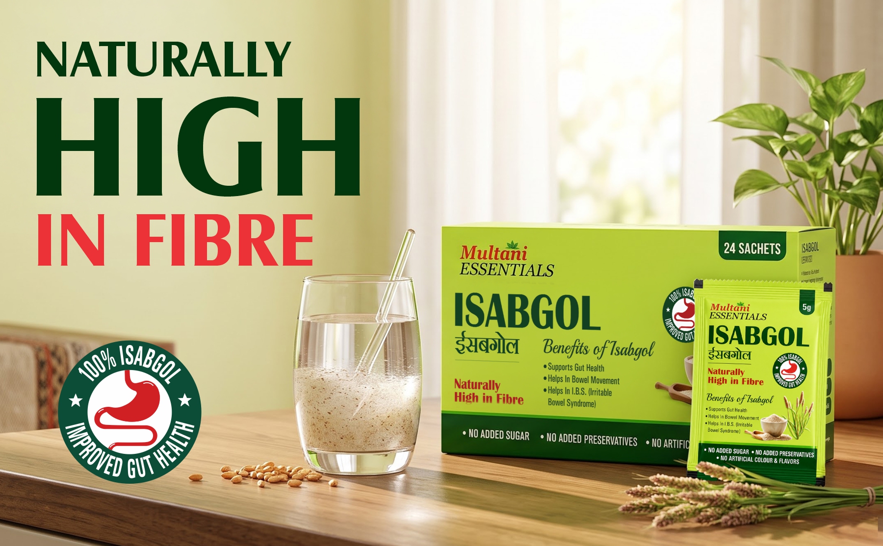 Multani Essentials Isabgol | Psyllium Husk Powder (24 Sachets - 5 gm Each) | For Gut Health And Irritable Bowel Syndrome | Effectively Relieves Constipation | Fibre Supplement For Digestion | Chemical Free | No Added Sugar Or Artificial Flavour