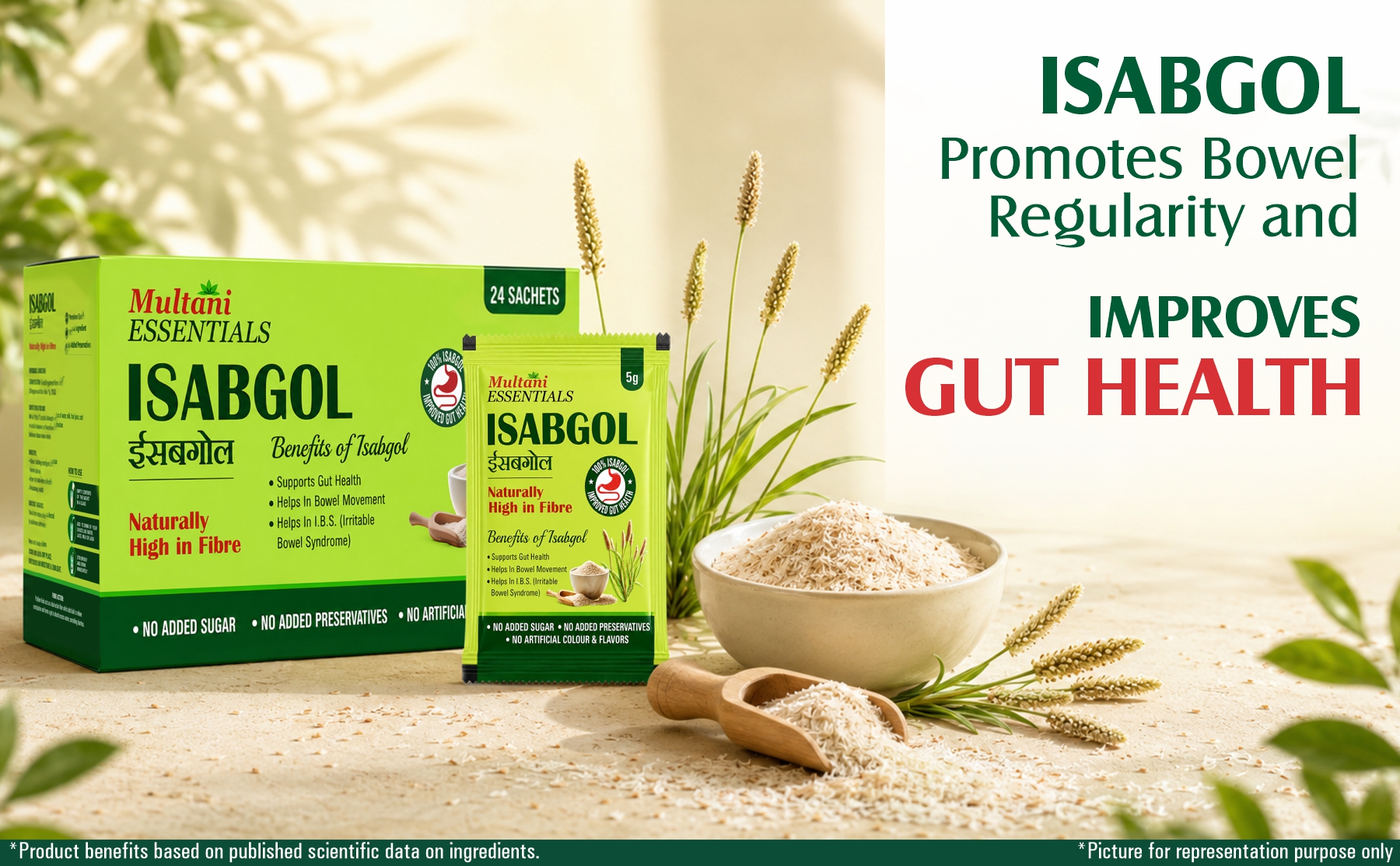 Multani Essentials Isabgol | Psyllium Husk Powder (24 Sachets - 5 gm Each) | For Gut Health And Irritable Bowel Syndrome | Effectively Relieves Constipation | Fibre Supplement For Digestion | Chemical Free | No Added Sugar Or Artificial Flavour