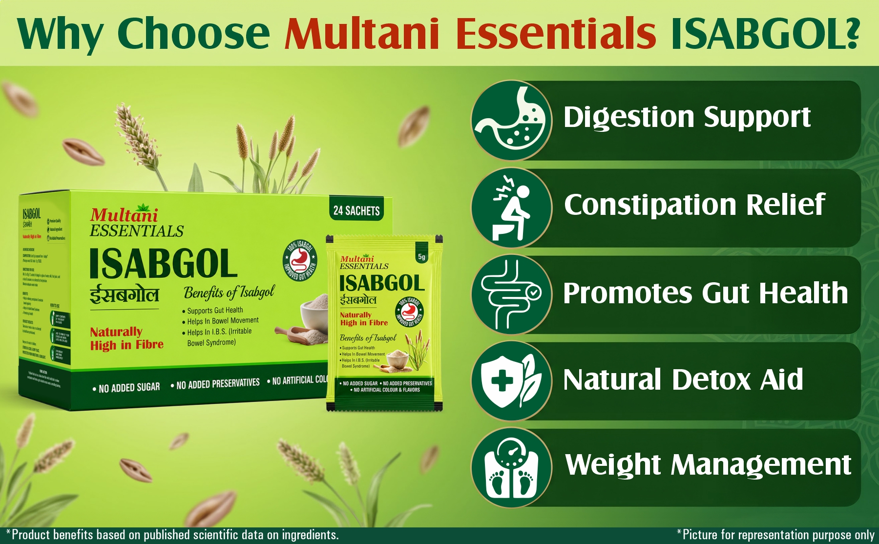 Multani Essentials Isabgol | Psyllium Husk Powder (24 Sachets - 5 gm Each) | For Gut Health And Irritable Bowel Syndrome | Effectively Relieves Constipation | Fibre Supplement For Digestion | Chemical Free | No Added Sugar Or Artificial Flavour