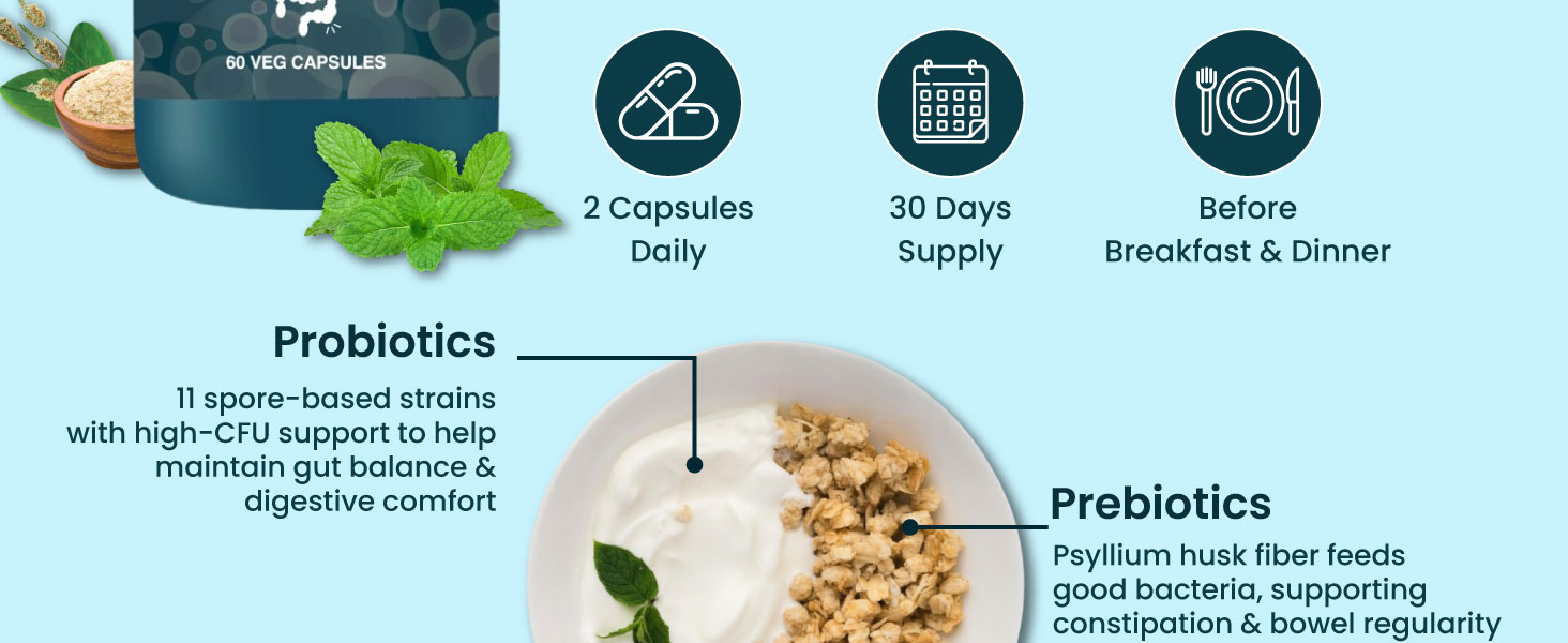 Gut Army Probiotics for Constipation & IBS | 100 Billion CFU, 11 Strains | Psyllium Husk (Isabgol) & Peppermint | Gas & Bloating Relief, Digestive Comfort, Bowel Regularity | Men & Women | 60 Capsules