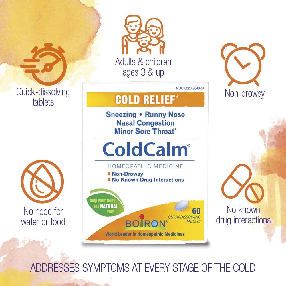 Boiron ColdCalm Tablets for Relief of Common Cold Symptoms Such as Sneezing, Runny Nose, Sore Throat, and Nasal Congestion - Non-Drowsy - 60 Count (2 Pack)