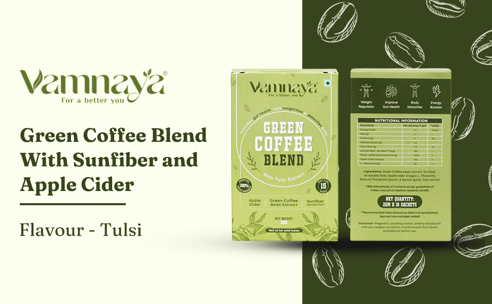Vamnaya Tulsi Green Coffee | Daily Wellness Drink Powder | 500mg Chlorogenic Acid, L-Theanine, Sunfiber® | Weight Management, Immunity and Focus | No Sweetener | 15 Sachets