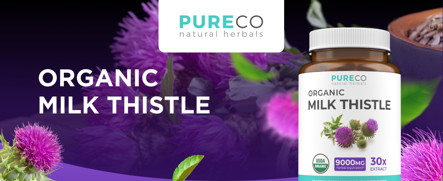PURE CO USDA Organic Milk Thistle Supplement - 300mg of 30:1 Milk Thistle Extract with 80% Silymarin - Organic Herbal Liver Cleanse Detox & Repair - Vegan Non-GMO & Lab Verified (2 Month Supply)