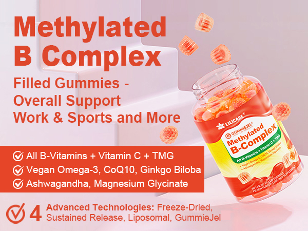 Super Vitamin B Complex Filled Gummies for Women Men, Methylated w/Omega 3