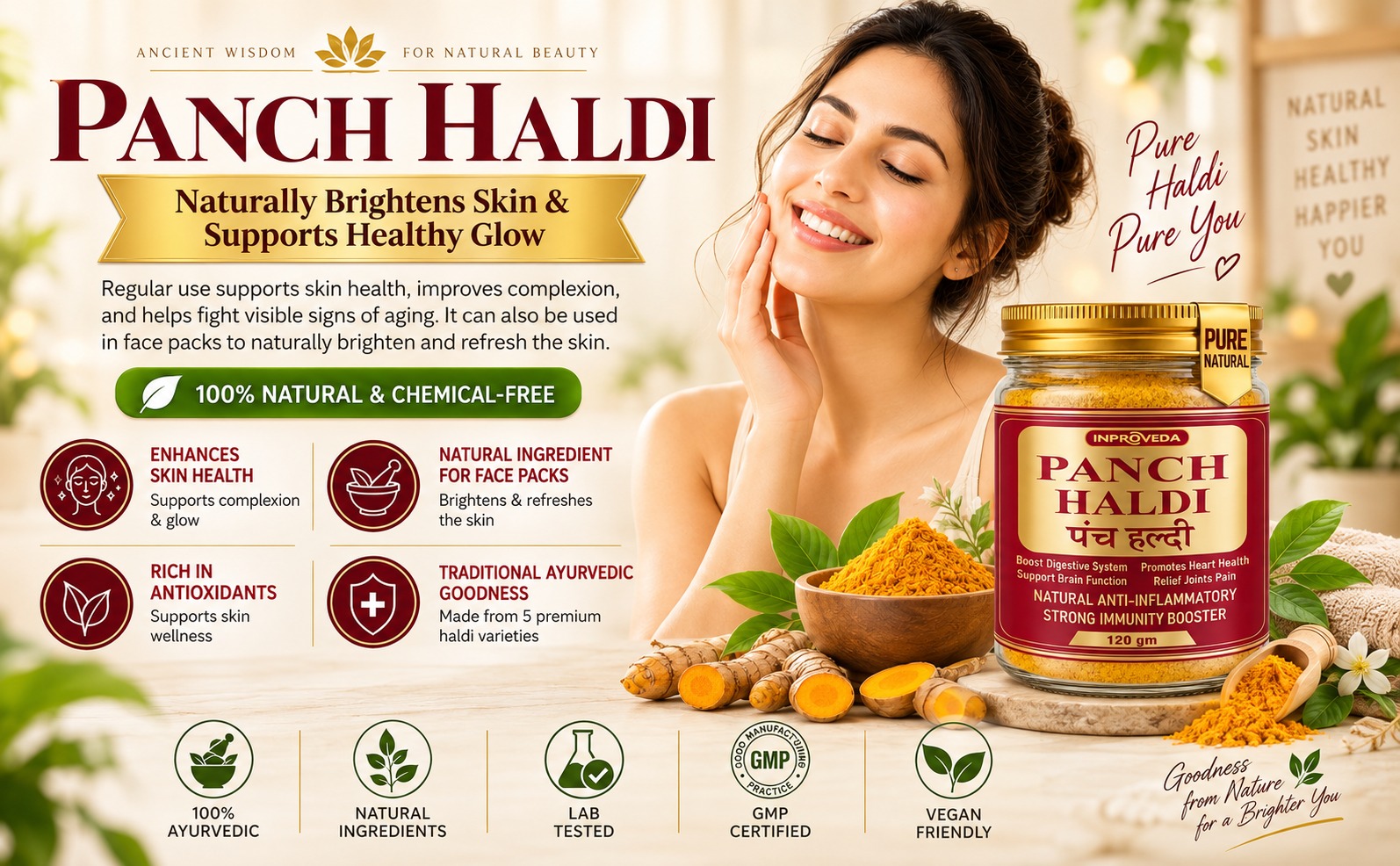 Pancham Haldi Powder 120g - Premium Blend of 5 Ayurvedic Turmerics including Kali, Selam, Daru & Amba Haldi for Detox & Wellness | Natural Immunity Booster, Anti-Oxidant & Anti-Inflammatory Support | 100% Pure & Natural No Preservatives, Colors or Flavors | Inproveda Panch Haldi or Turmeric Powder - 120gm