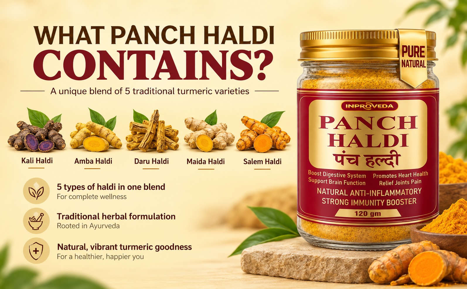 Pancham Haldi Powder 120g - Premium Blend of 5 Ayurvedic Turmerics including Kali, Selam, Daru & Amba Haldi for Detox & Wellness | Natural Immunity Booster, Anti-Oxidant & Anti-Inflammatory Support | 100% Pure & Natural No Preservatives, Colors or Flavors | Inproveda Panch Haldi or Turmeric Powder - 120gm