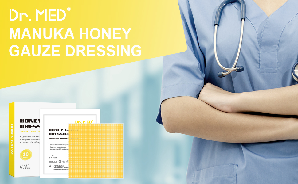 Dr. Med Honey Gauze Dressing, 2" x 2" (10 PCS/Box) Honey Medical Bandage Wound Care Patch for Minor Abrasions, Cuts, Lacerations, Scald and Burns for Wound Healing, Chemical and Drug Free