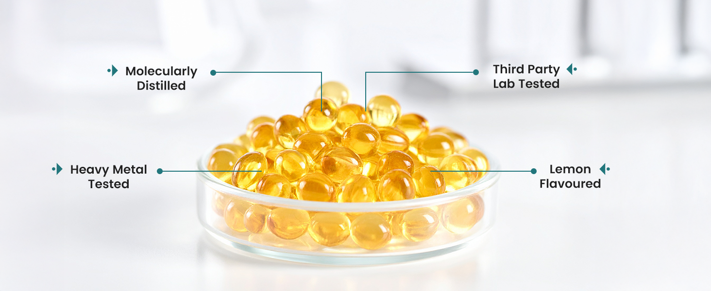 Neuherbs Mini Deep Sea Omega 3 Fish Oil Capsules 1000mg Supplement | EPA - 360mg, DHA - 240mg | With Vitamin E & D3 | Supports Heart, Brain, Muscle & Joint Health| Lemon Flavour - 200 Softgels