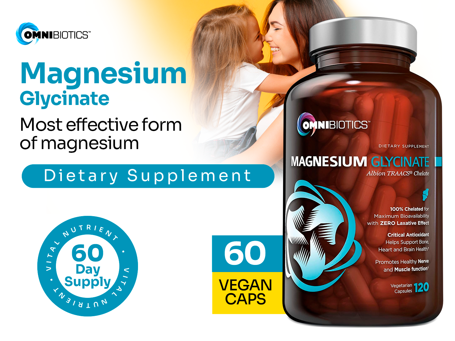 OmniBiotics Magnesium Glycinate Supplement – with 100% Pure Albion TRAACS Bisglycinate Chelate for Sleep, Muscle, Nerve & Heart Health – 120 Vegan Capsules