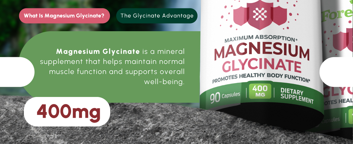 ForestLeaf Magnesium Glycinate 400mg, Magnesium Supplement, 90 Capsules