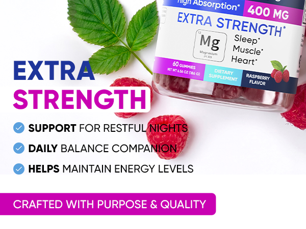 Magnesium Glycinate 400mg Gummies - Relax & Sleep, Men & Women, Raspberry