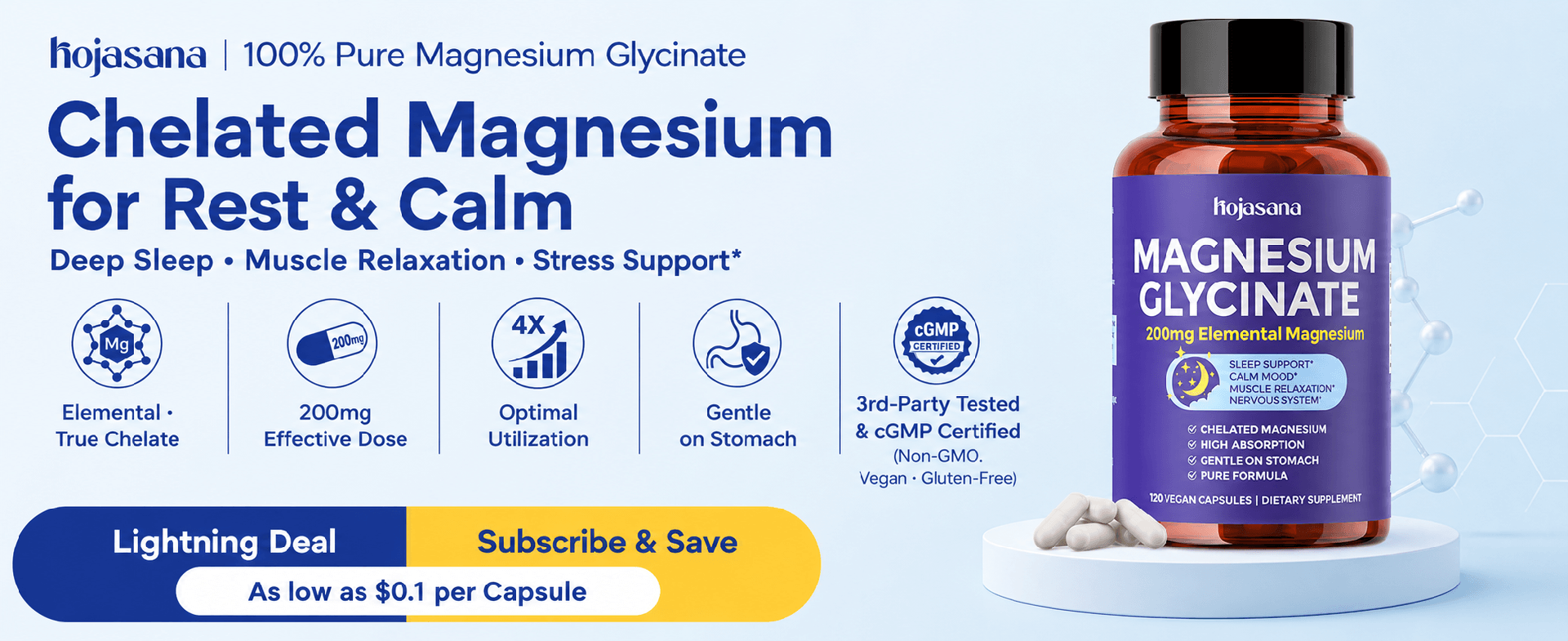 Gentle Magnesium Glycinate 200mg Chelated High Absorption 120 Capsules