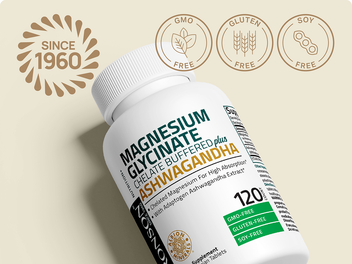 Bronson Magnesium Glycinate Plus Ashwagandha Dietary Supplement 60 Tablets