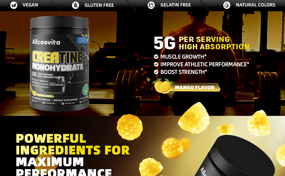 Creatine Monohydrate Gummies, NSF Certified, 5g Dose for Men & Women to Support Muscle, Strength, Recovery, Cognitive Health & Memory, Mango Flavor, 135 Gummies