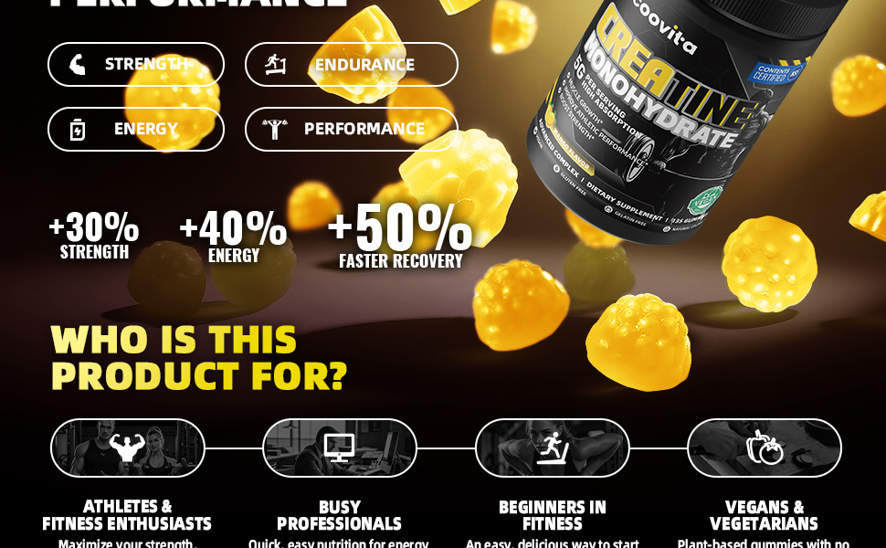 Creatine Monohydrate Gummies, NSF Certified, 5g Dose for Men & Women to Support Muscle, Strength, Recovery, Cognitive Health & Memory, Mango Flavor, 135 Gummies