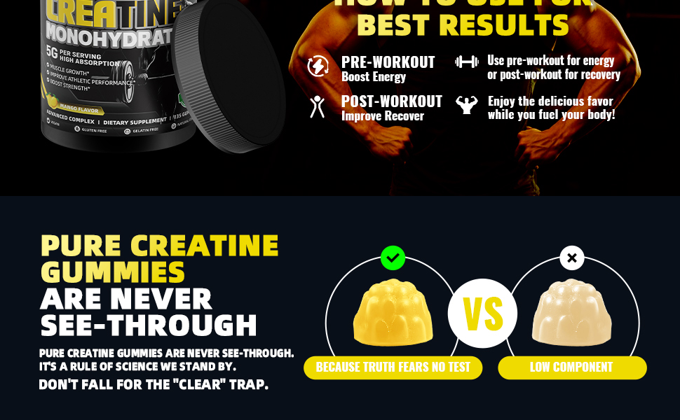 Creatine Monohydrate Gummies, NSF Certified, 5g Dose for Men & Women to Support Muscle, Strength, Recovery, Cognitive Health & Memory, Mango Flavor, 135 Gummies