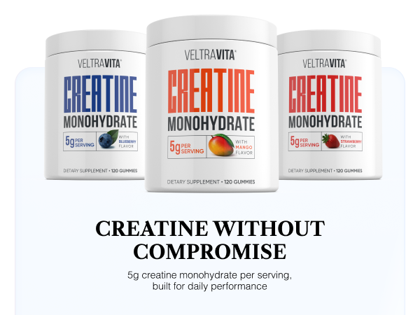 VeltraVita® Creatine Monohydrate Gummies 5g | Micronized Creatine for Men & Women | Advanced VeltrAbsorb™ | Strength & Workout Performance | No Added Sugar | Mango Flavor