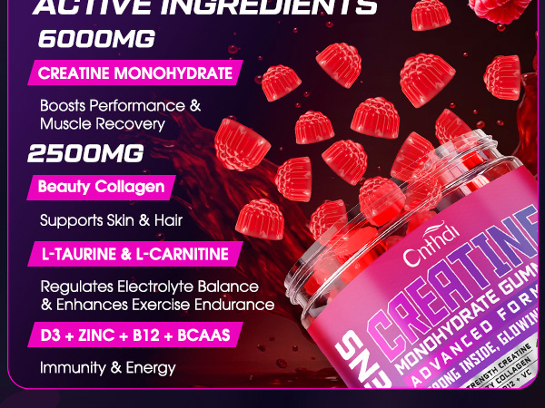 Creatine for Women, 6000mg Creatine Monohydrate Gummies with Collagen, BCAA