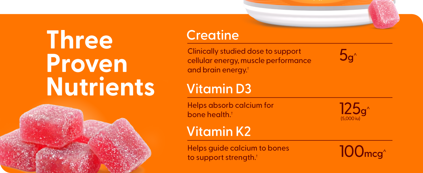 Zena Nutrition Creatine Gummies with D3 & K2, Creatine Monohydrate for Men and Women, Supports Bone, Muscle, & Cognitive Health, Gummy Workout Supplement, Watermelon Flavor, 150ct, 30 Daily Servings