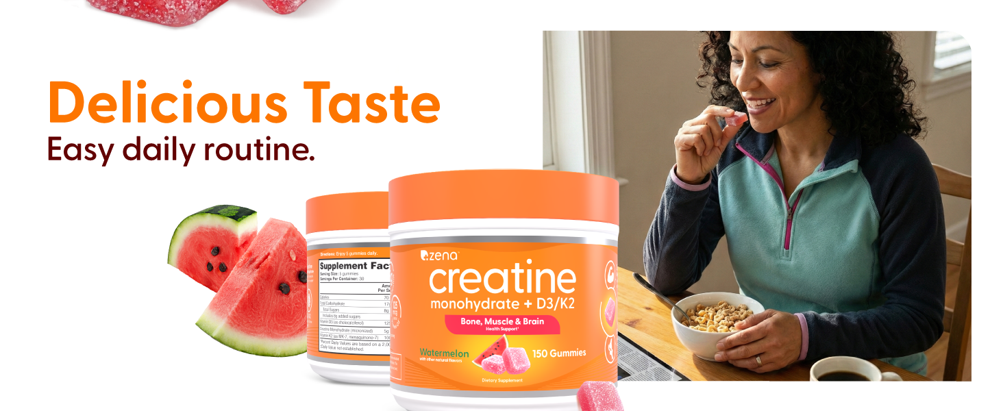 Zena Nutrition Creatine Gummies with D3 & K2, Creatine Monohydrate for Men and Women, Supports Bone, Muscle, & Cognitive Health, Gummy Workout Supplement, Watermelon Flavor, 150ct, 30 Daily Servings