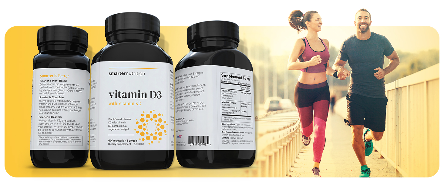 SMARTERNUTRITION Vegan Vitamin D3 5000 IU + Natural Vitamin K2 1100 mcg in Organic Coconut & Olive Oil - D3 K2 Supplement for Immune & Bone Support - 60 Softgels[30 Day Supply]