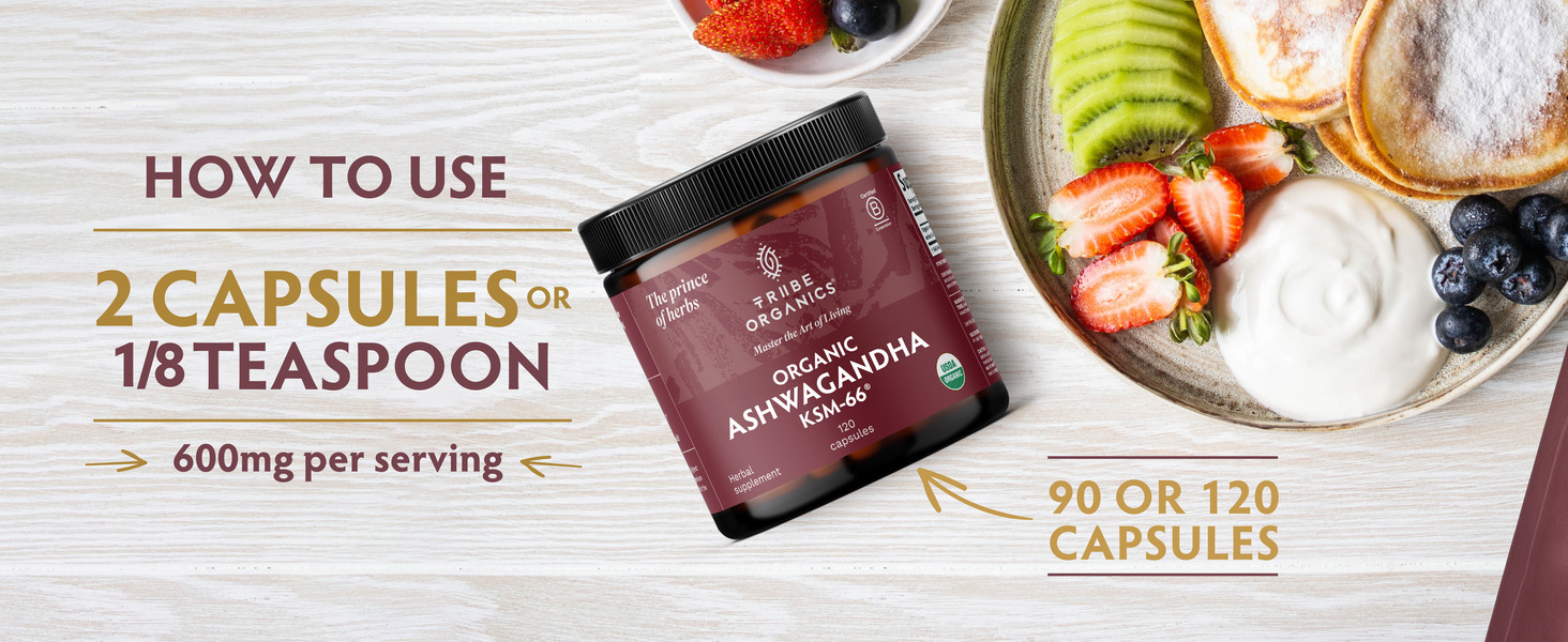 TRIBE ORGANICS Ashwagandha KSM 66 Organic Stress Support Supplement, 120ct