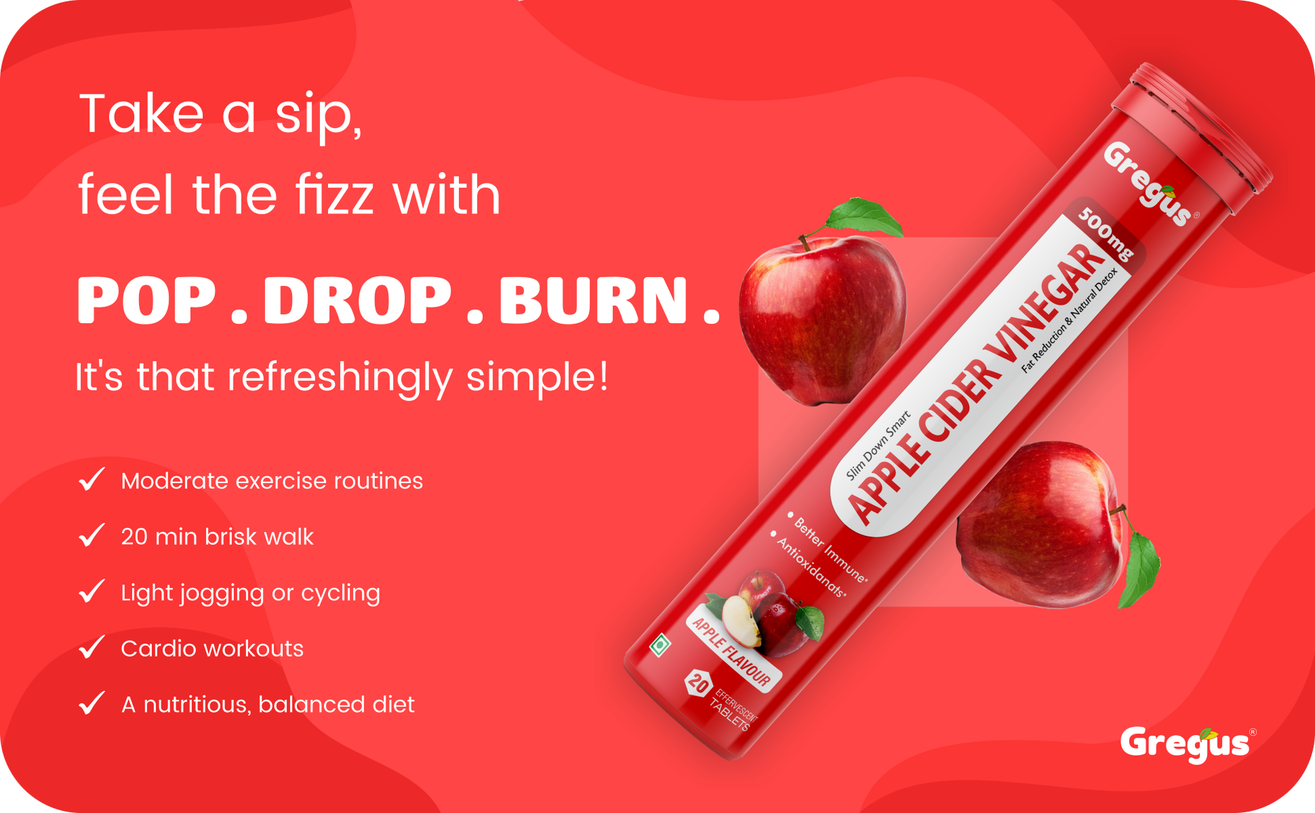 Apple Cider Vinegar Effervescent Tablets | 500mg Apple Cider Vinegar with Pomegranate Extract, Vitamin C, Vitamin B6 & Vitamin B12 | Zero Sugar | Refreshing Wellness Drink | 200 Effervescent Tablets - Pack of 10