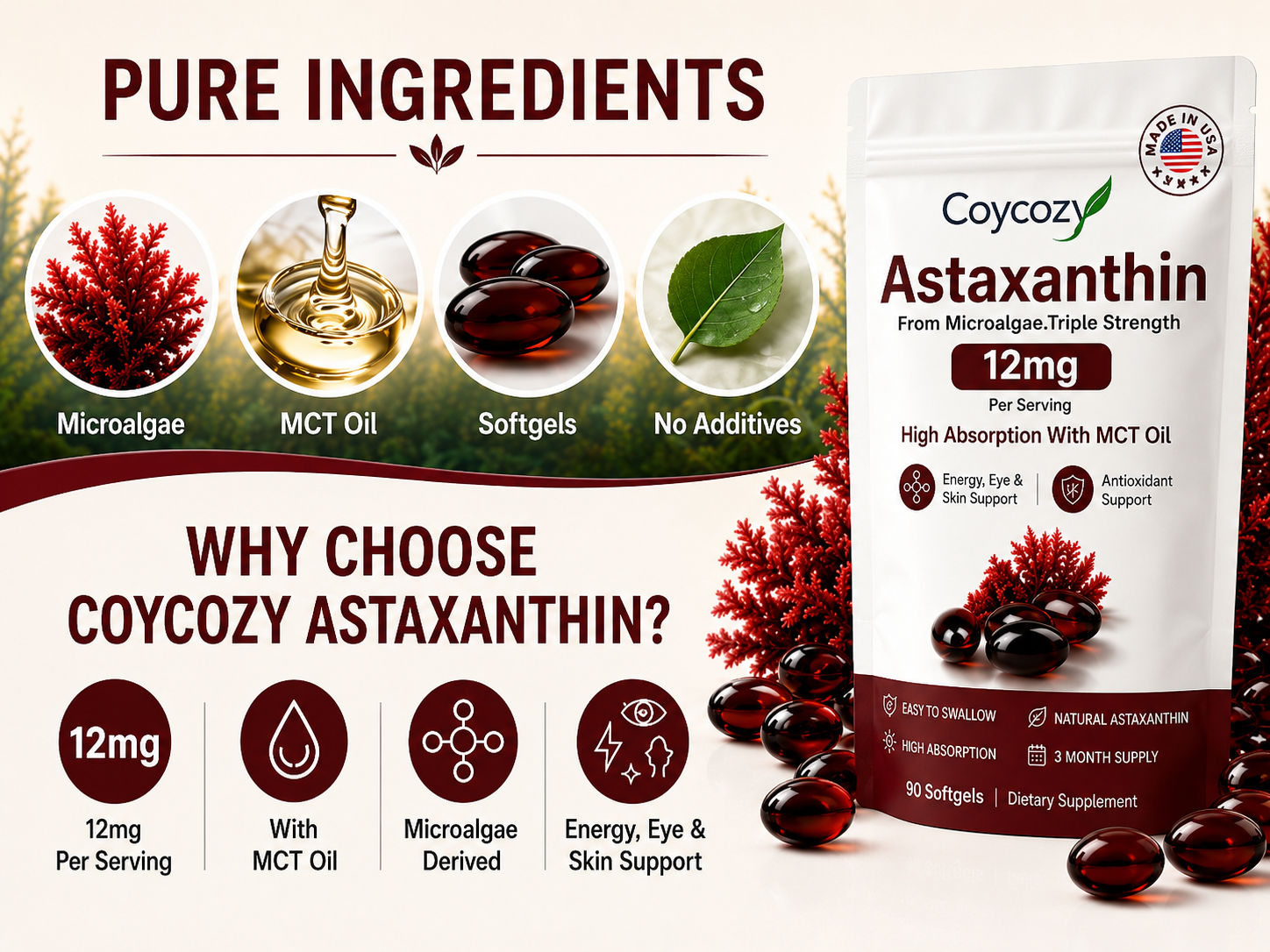 Astaxanthin 12mg Natural 90 Softgels Astaxanthin Supplement Antioxidant Support Eye Skin Joint Health | Internal Circulation,3 Month Supply| Non-GMO,Gluten-Free,No Soy (90 Count (Pack of 1))
