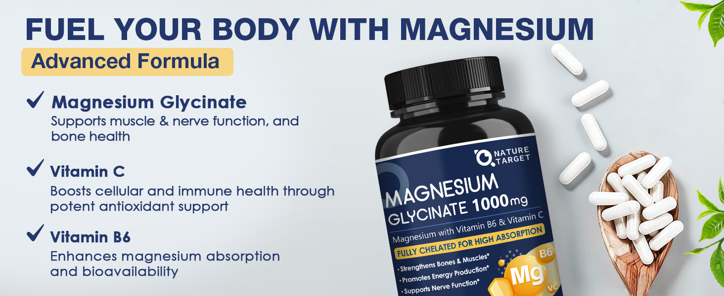 NATURE TARGET Magnesium Glycinate 1000mg with VC & B6, Vegan, 120 Capsules