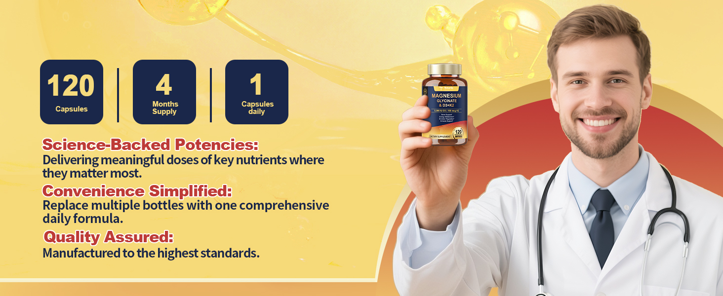 9-in-1 Magnesium Glycinate 500mg + Vitamin D3 5000 IU & K2 Complex - High Absorption - Healthy Stress, Sleep, Muscle Function, Bone Health & Energy Supports | Non-GMO, Gluten-Free 120 Softgels