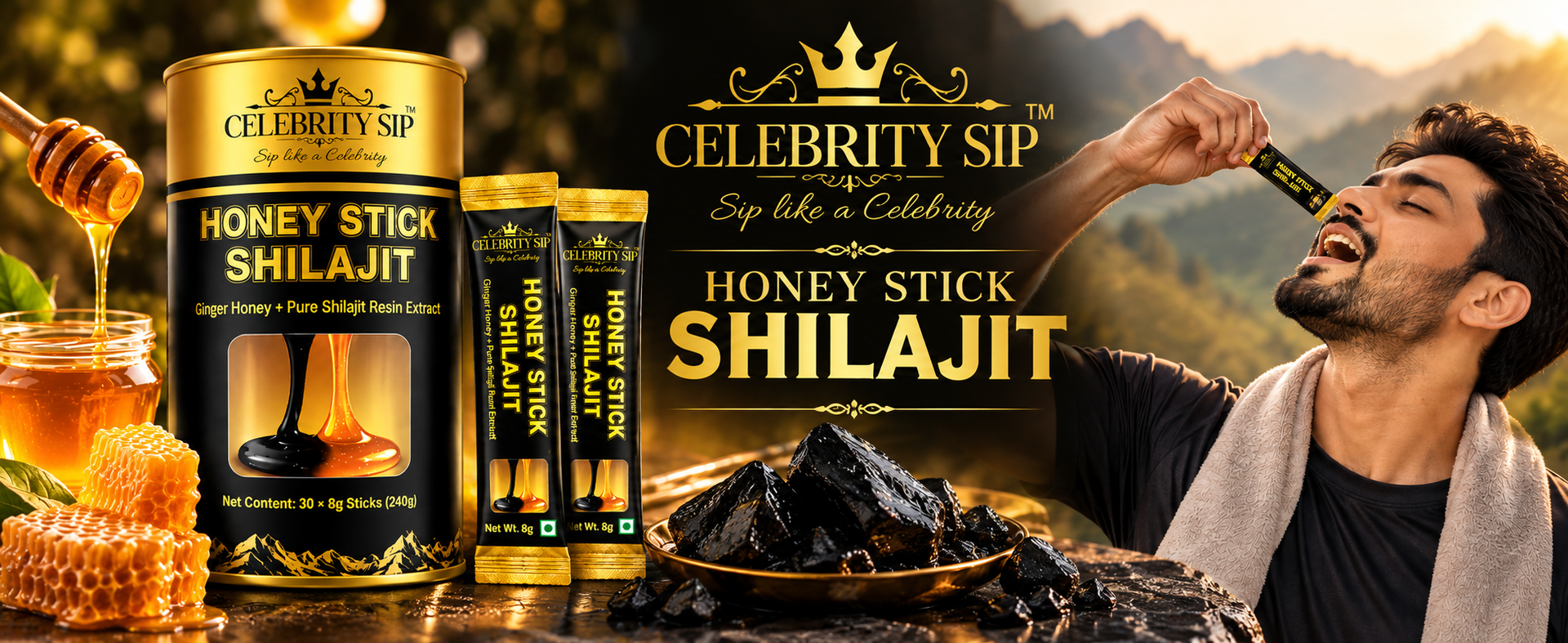 GVSK Shilajit Honey Sticks with Fulvic Acid & Minerals, Natural Honey Based Wellness Supplement for Men & Women, 30 Sticks, 8g Each, 240g