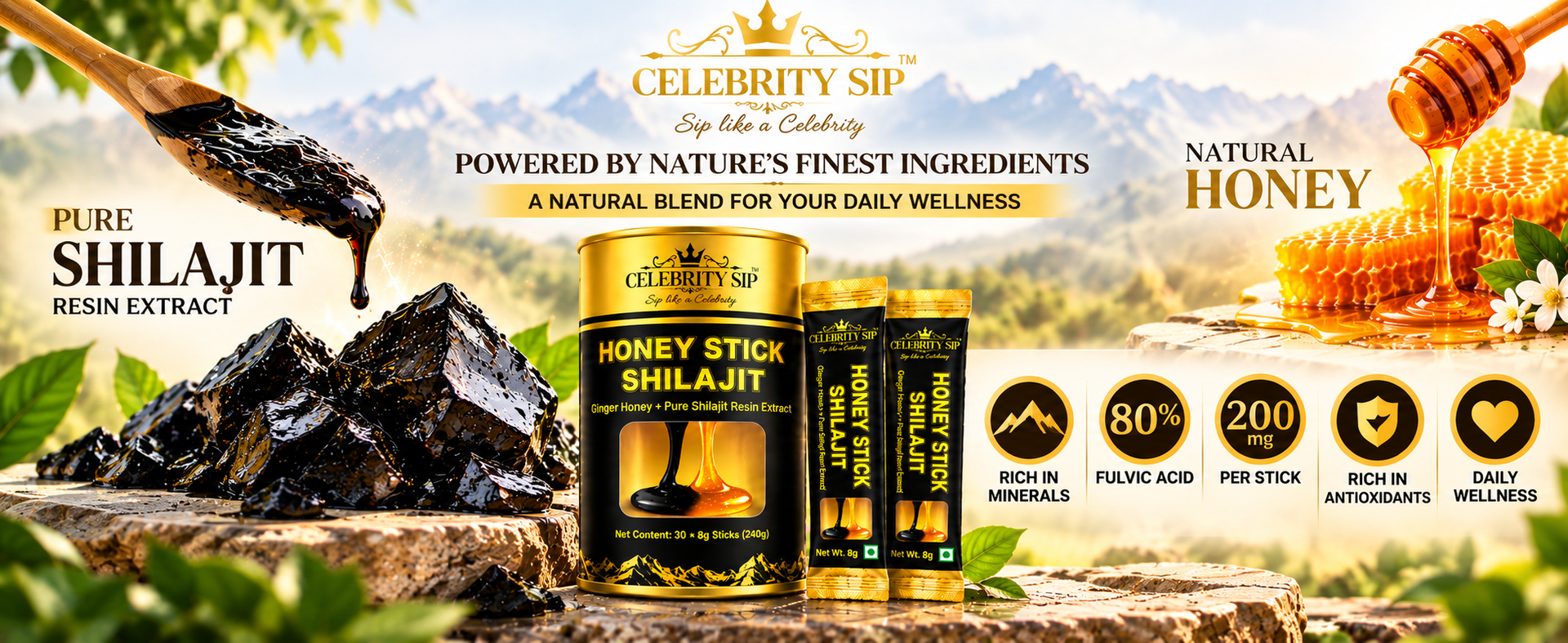 GVSK Shilajit Honey Sticks with Fulvic Acid & Minerals, Natural Honey Based Wellness Supplement for Men & Women, 30 Sticks, 8g Each, 240g