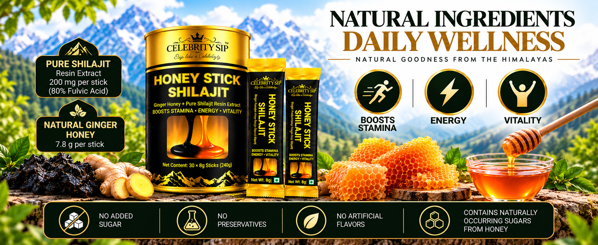 GVSK Shilajit Honey Sticks with Fulvic Acid & Minerals, Natural Honey Based Wellness Supplement for Men & Women, 30 Sticks, 8g Each, 240g