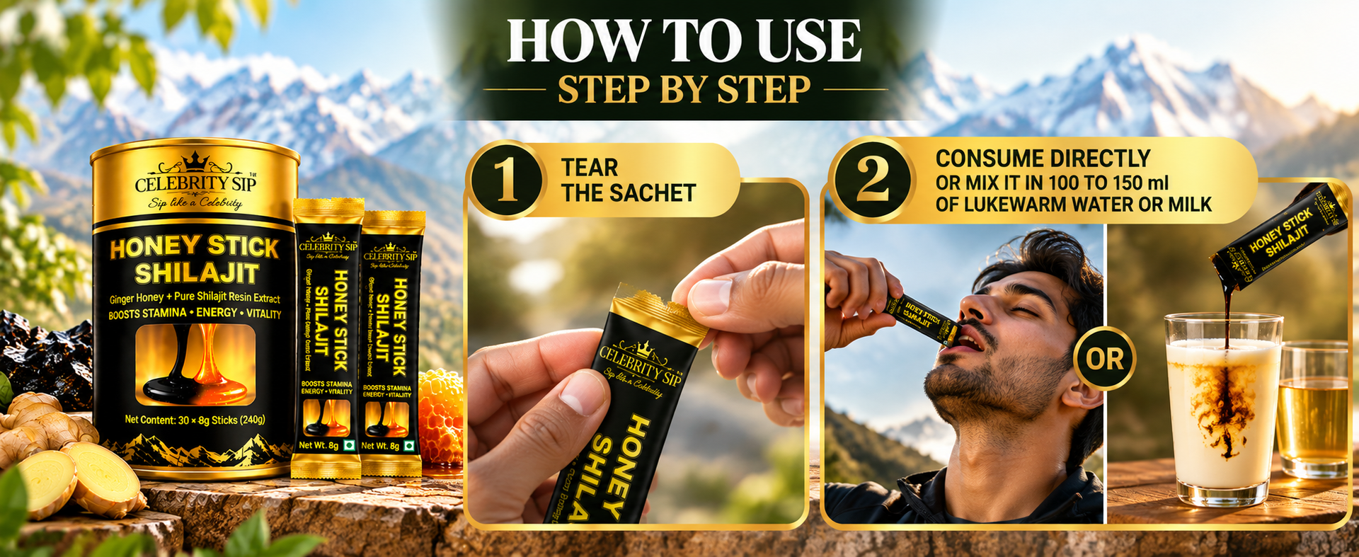 GVSK Shilajit Honey Sticks with Fulvic Acid & Minerals, Natural Honey Based Wellness Supplement for Men & Women, 30 Sticks, 8g Each, 240g
