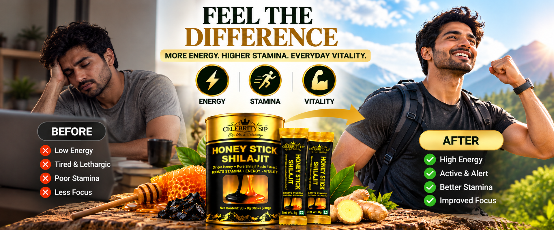 GVSK Shilajit Honey Sticks with Fulvic Acid & Minerals, Natural Honey Based Wellness Supplement for Men & Women, 30 Sticks, 8g Each, 240g