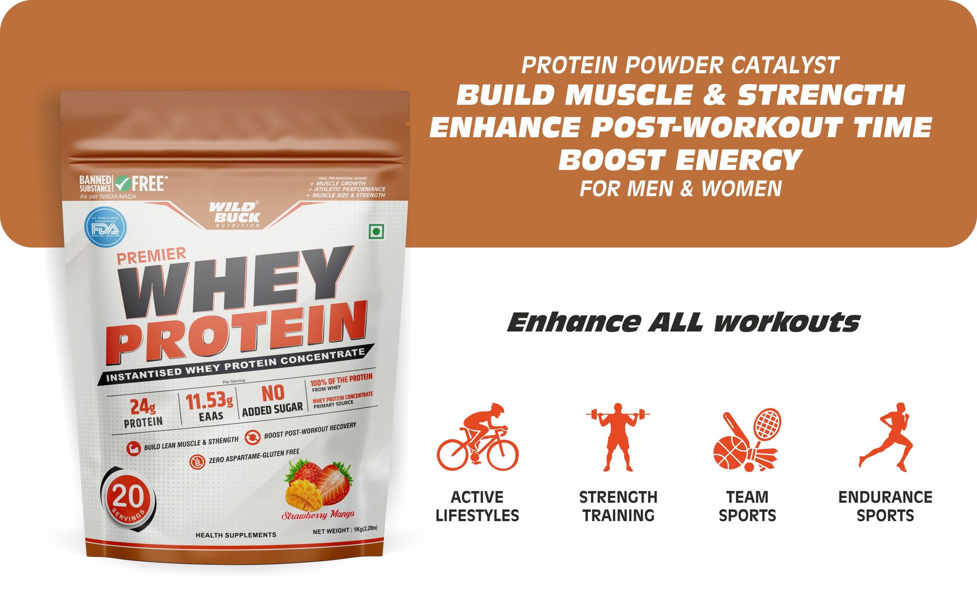 WILD BUCK Premier Whey Protein Concentrate 100%, 24G High Protein, 5.43G Bcaa, 11.53G Eaa & Added Digestive Enzymes|Muscle-Building Whey Protein Powder|For Men & Women [1Kg, Strawberry Mango]