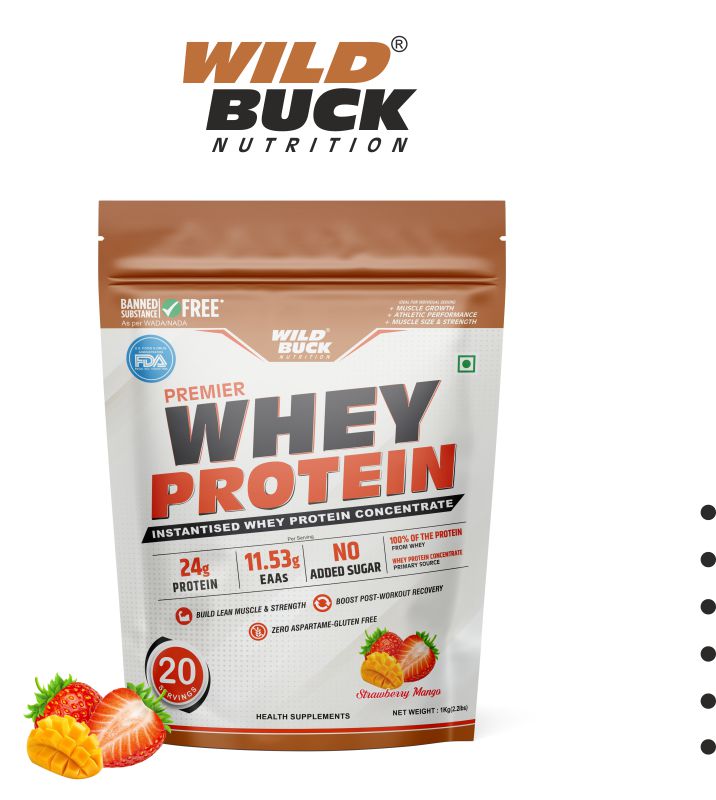 WILD BUCK Premier Whey Protein Concentrate 100%, 24G High Protein, 5.43G Bcaa, 11.53G Eaa & Added Digestive Enzymes|Muscle-Building Whey Protein Powder|For Men & Women [1Kg, Strawberry Mango]